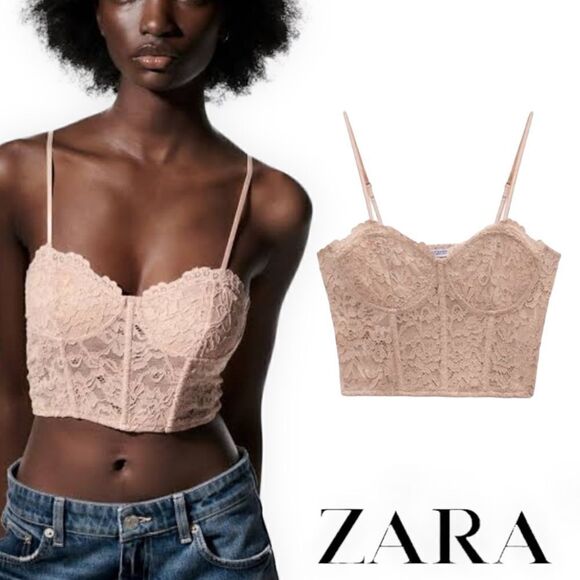 ZARA | Beige-Pink | LACE CORSET STYLE TOP - Picture 1 of 9